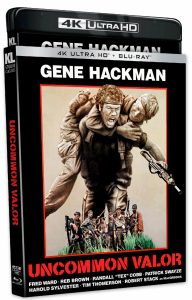 4K Ultra HD Blu-ray cover of "Uncommon Valor" featuring Gene Hackman, with artwork showing soldiers in combat and carrying a wounded comrade, cast names listed below.