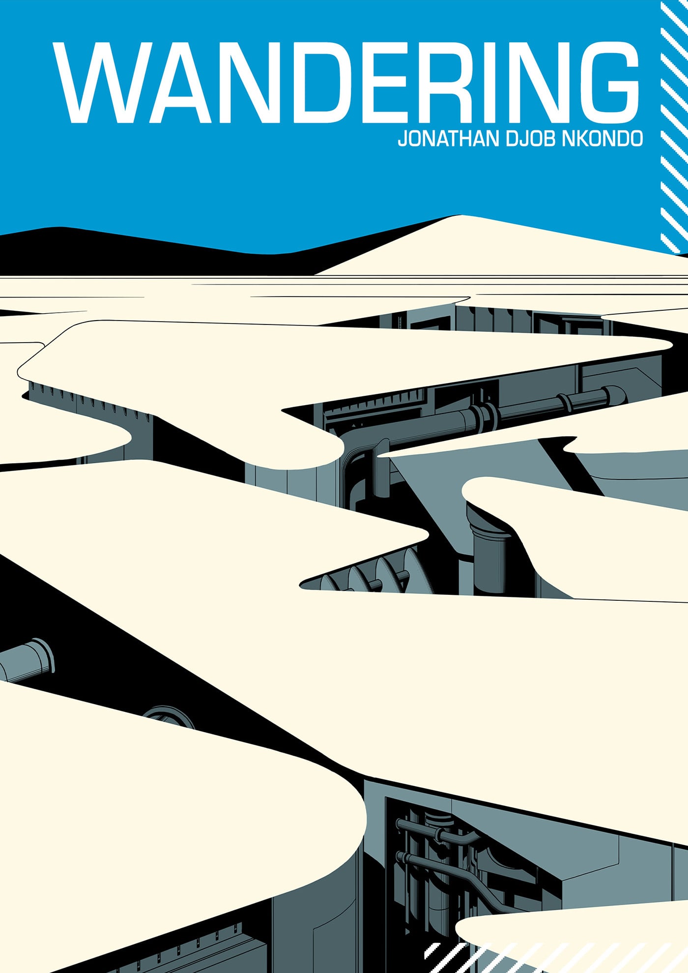 Stylized illustration of sand dunes over a geometric, industrial structure with blue sky; text reads "Wandering" and "Jonathan Djob Nkondo.