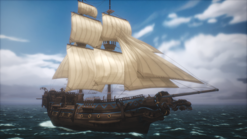 A large, wooden sailing ship with cream-colored sails moves across the ocean under a partly cloudy sky.