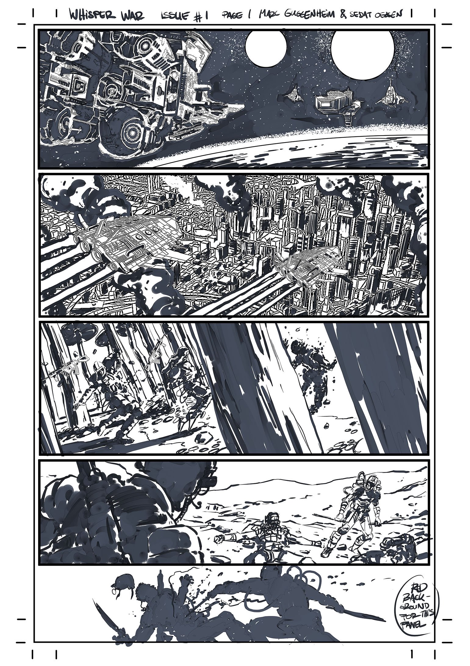 A spaceship approaches a futuristic city on the moon, followed by astronauts landing and engaging in combat on the lunar surface.