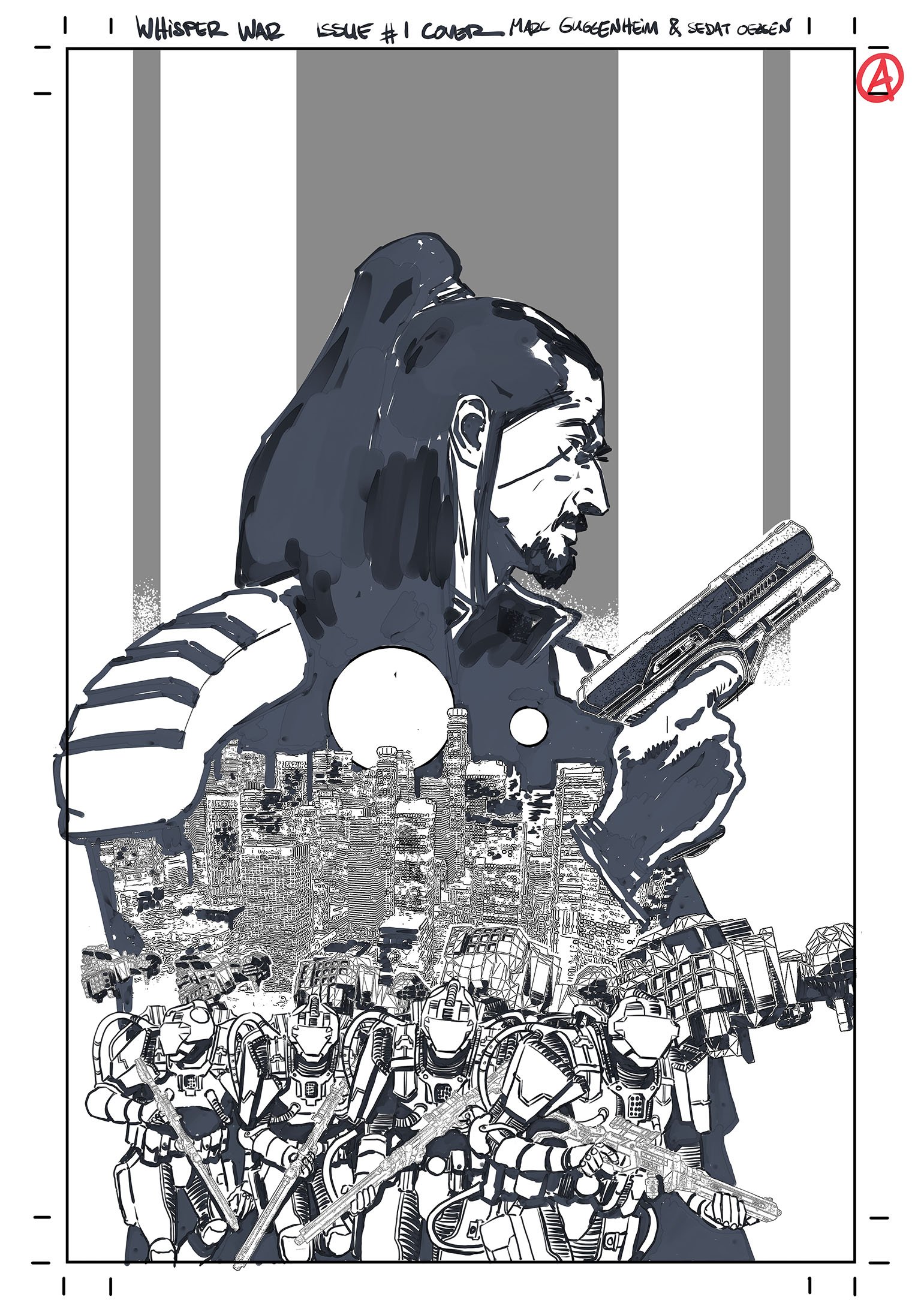 A serious man with a ponytail and holding guns is depicted above a city skyline, with armed soldiers marching below in a stylized comic book cover illustration.
