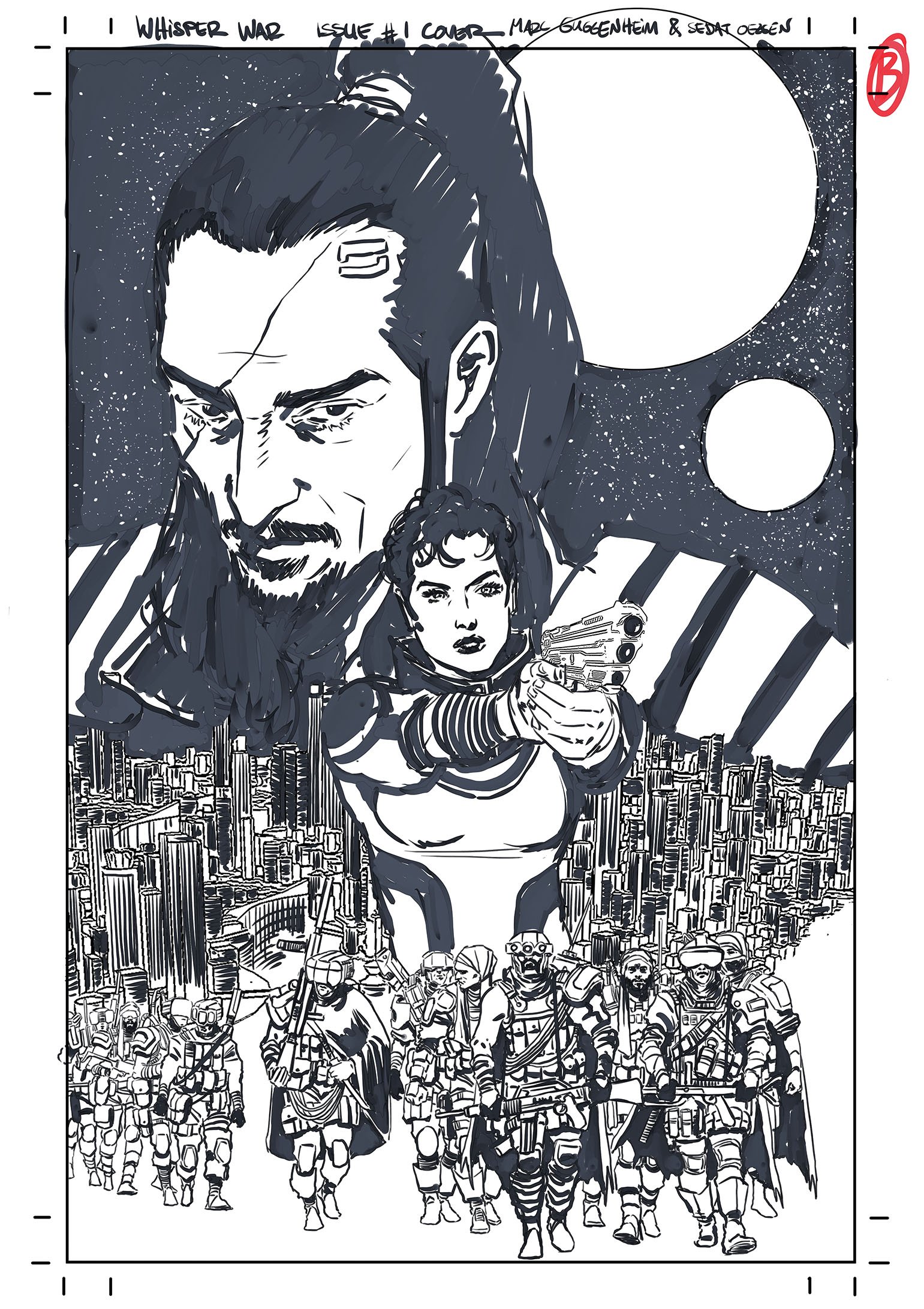 Comic book cover illustration featuring a large man and a woman with a gun in the foreground, with soldiers and a futuristic cityscape in the background.