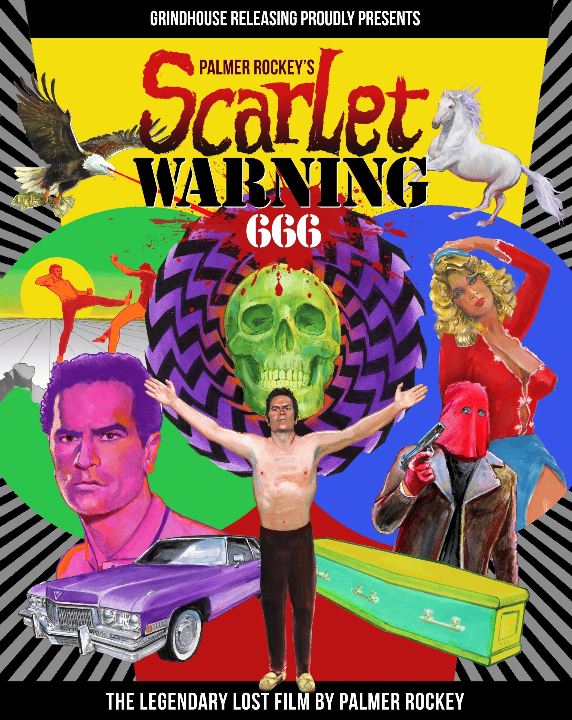Collage-style movie poster featuring a shirtless man with arms outstretched, a skull, various figures, a horse, car, green coffin, and bold red text reading "Scarlet Warning 666.