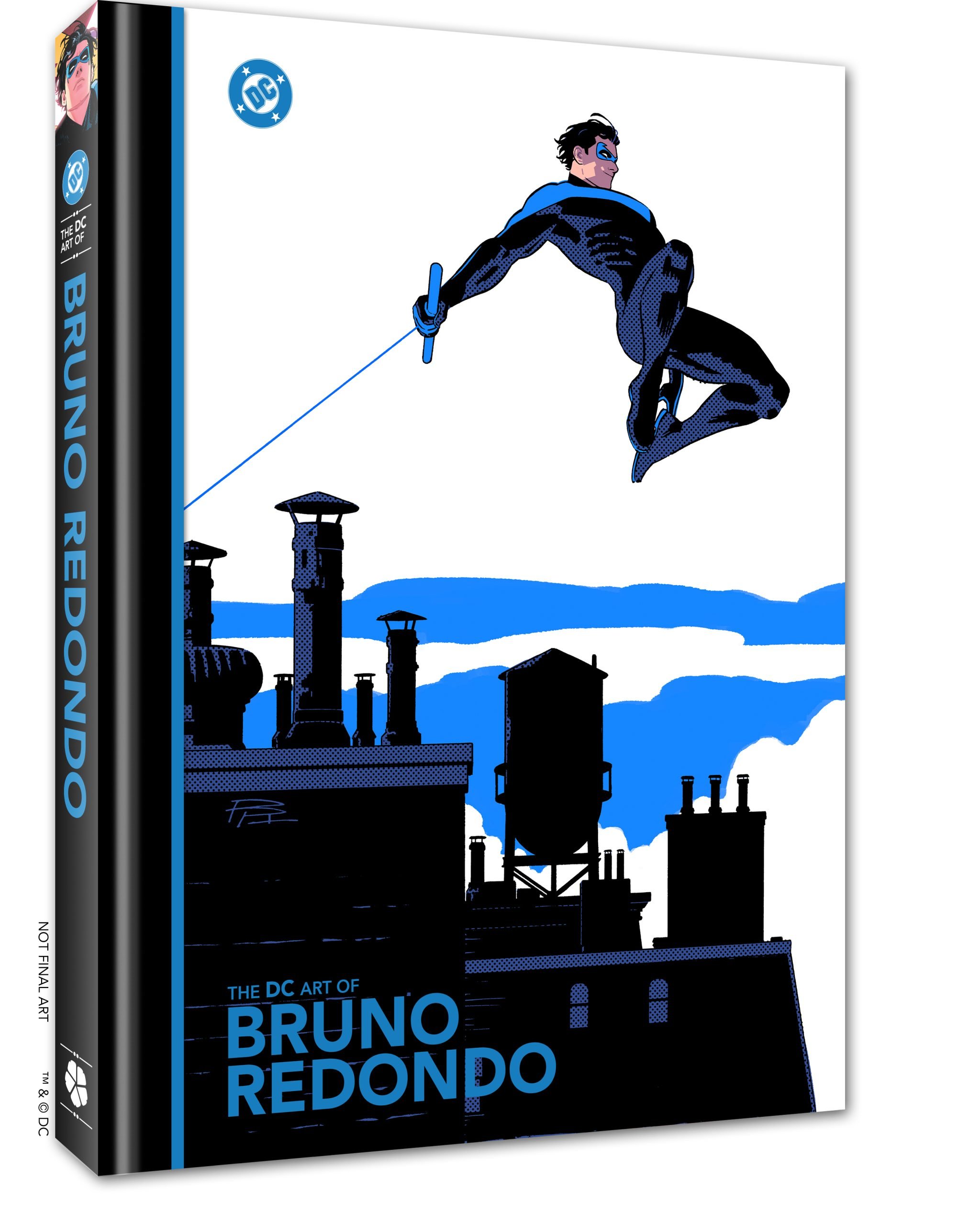 A book cover featuring a stylized illustration of Nightwing leaping above a rooftop skyline, with bold blue and black colors. The title reads "The DC Art of Bruno Redondo.