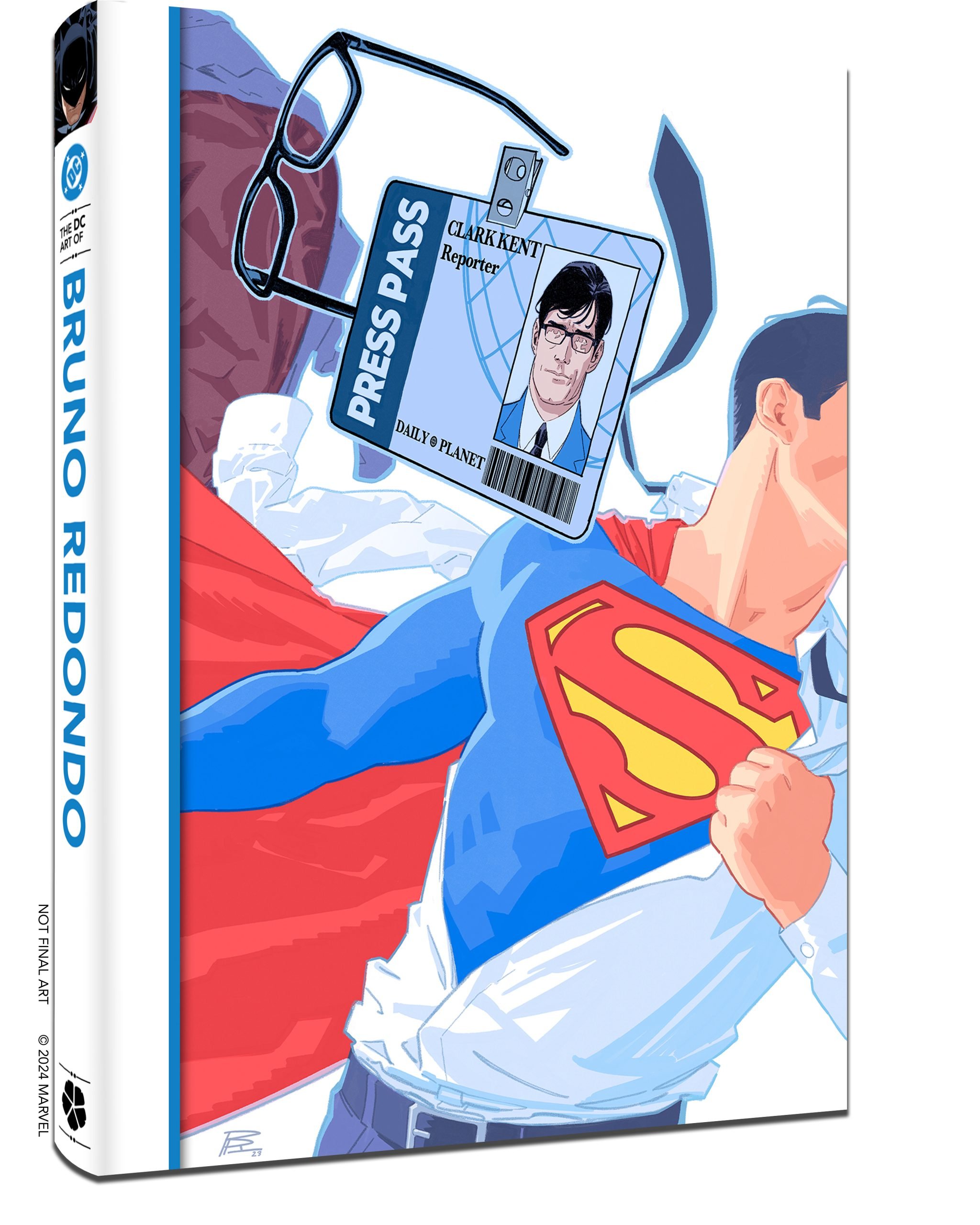 Illustration of Superman opening his shirt to reveal his costume, with Clark Kent's press pass and glasses shown above; "Bruno Redondo" is written on the book's spine.