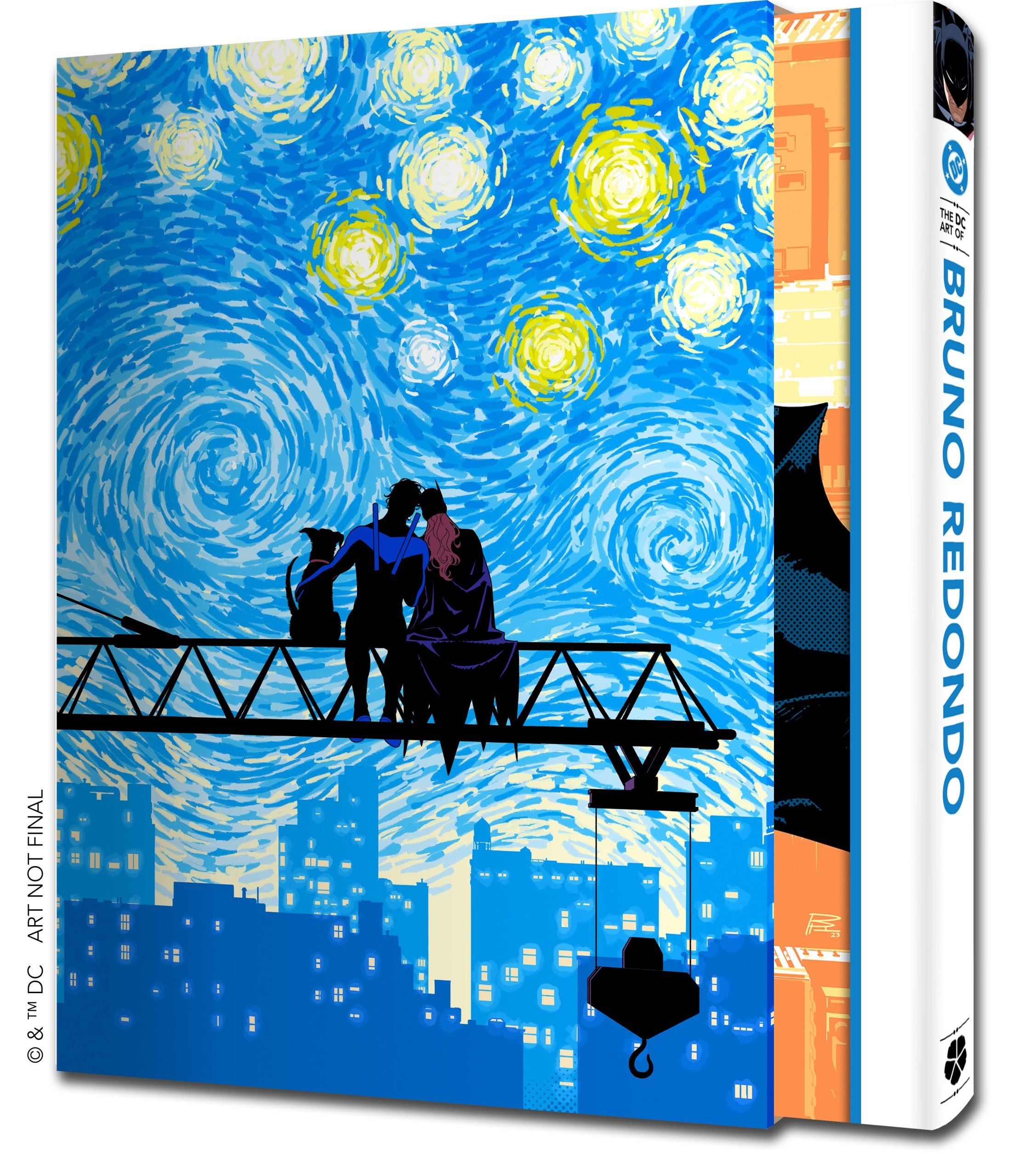 A slipcase featuring comic book characters silhouetted on a crane against a city skyline, with a swirling night sky inspired by Van Gogh’s "Starry Night.