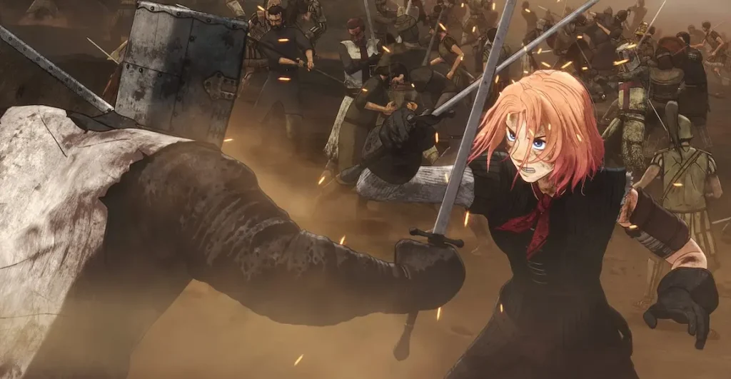 An armored knight and a young warrior with red hair clash swords on a chaotic medieval battlefield with soldiers fighting in the background.