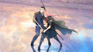 Two anime characters, one with pink hair and a sword and one with short dark hair and a backpack, stand together on reflective water under a colorful sky.