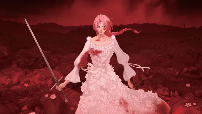 A person with pink hair in a white, floral dress stands holding a sword, surrounded by a dark, desolate landscape with a red sky and scattered debris.