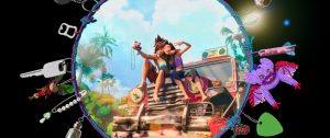 Two people sit on the hood of a jeep, taking a selfie in a tropical setting, framed by a circular border decorated with various trinkets and charms.