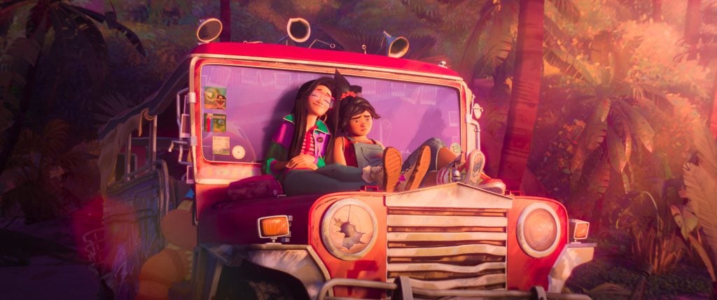 Two animated characters relax on the hood of a red jeep, sitting close together with eyes closed, surrounded by lush tropical vegetation in warm sunlight.
