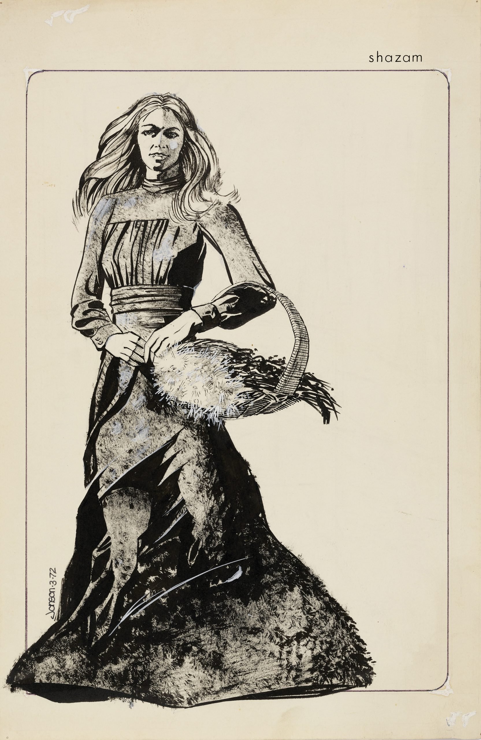 Black and white illustration of a woman in a long dress holding a basket of flowers, with the word "shazam" in the upper right corner.