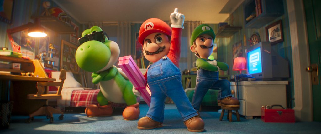 Mario, Luigi, and Yoshi stand confidently in a bedroom; Mario holds a pink rectangular object while Yoshi wears sunglasses.