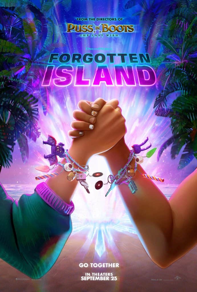 Two hands with colorful charm bracelets clasp together in front of a tropical backdrop with the movie title "Forgotten Island" and release date information.