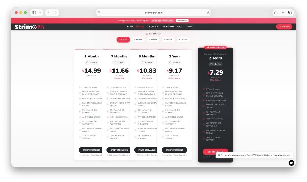 Screenshot of Strimo IPTV subscription plans page showing pricing options for 1 month, 3 months, 6 months, 1 year, and 2 years, with features listed under each plan.
