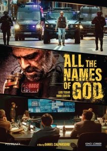 Movie poster for "All the Names of God" showing a man with a bomb vest, police vehicles, and people in a command center. Text includes the film title and main actors' names.