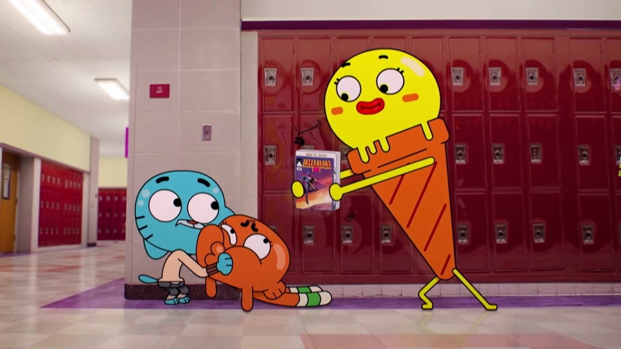 An animated carrot character hands a flyer to two surprised cartoon characters sitting by red lockers in a school hallway.