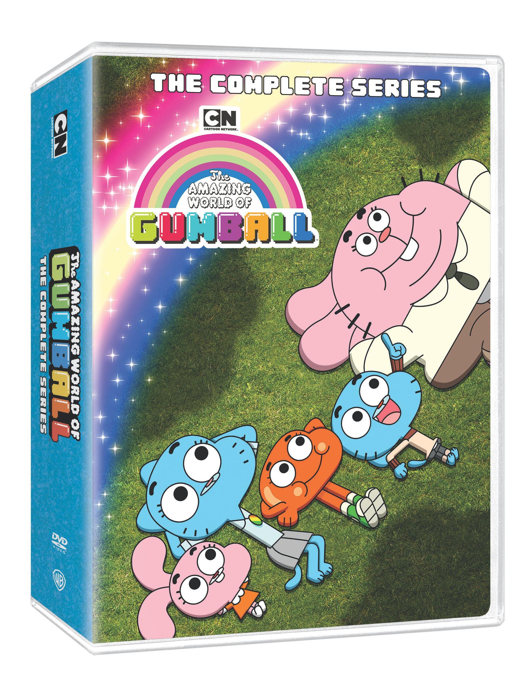 DVD box set of "The Amazing World of Gumball: The Complete Series" featuring cartoon characters lying on grass, with a rainbow and logo on the cover.