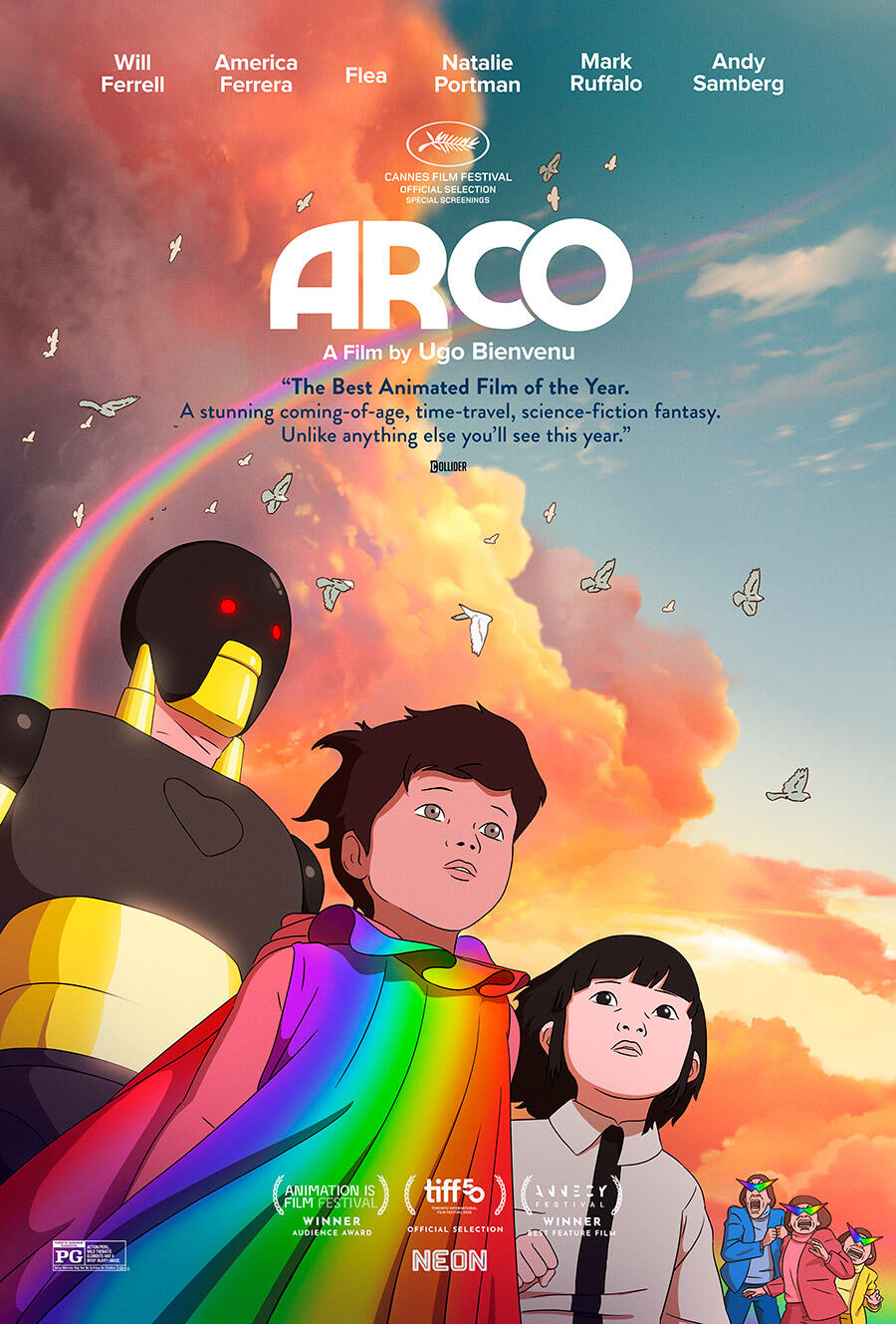 Animated movie poster for "ARCO" showing three characters—one robot and two children—standing under a rainbow in a colorful, surreal landscape with festival logos and cast names at the top.