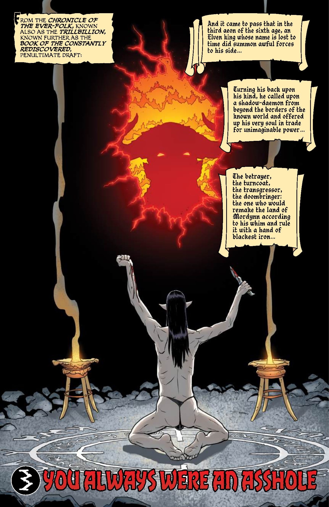 A naked, long-haired figure kneels on a stone floor, arms raised toward a fiery, demonic face in the sky, with red text at the bottom reading "YOU ALWAYS WERE AN ASSHOLE.