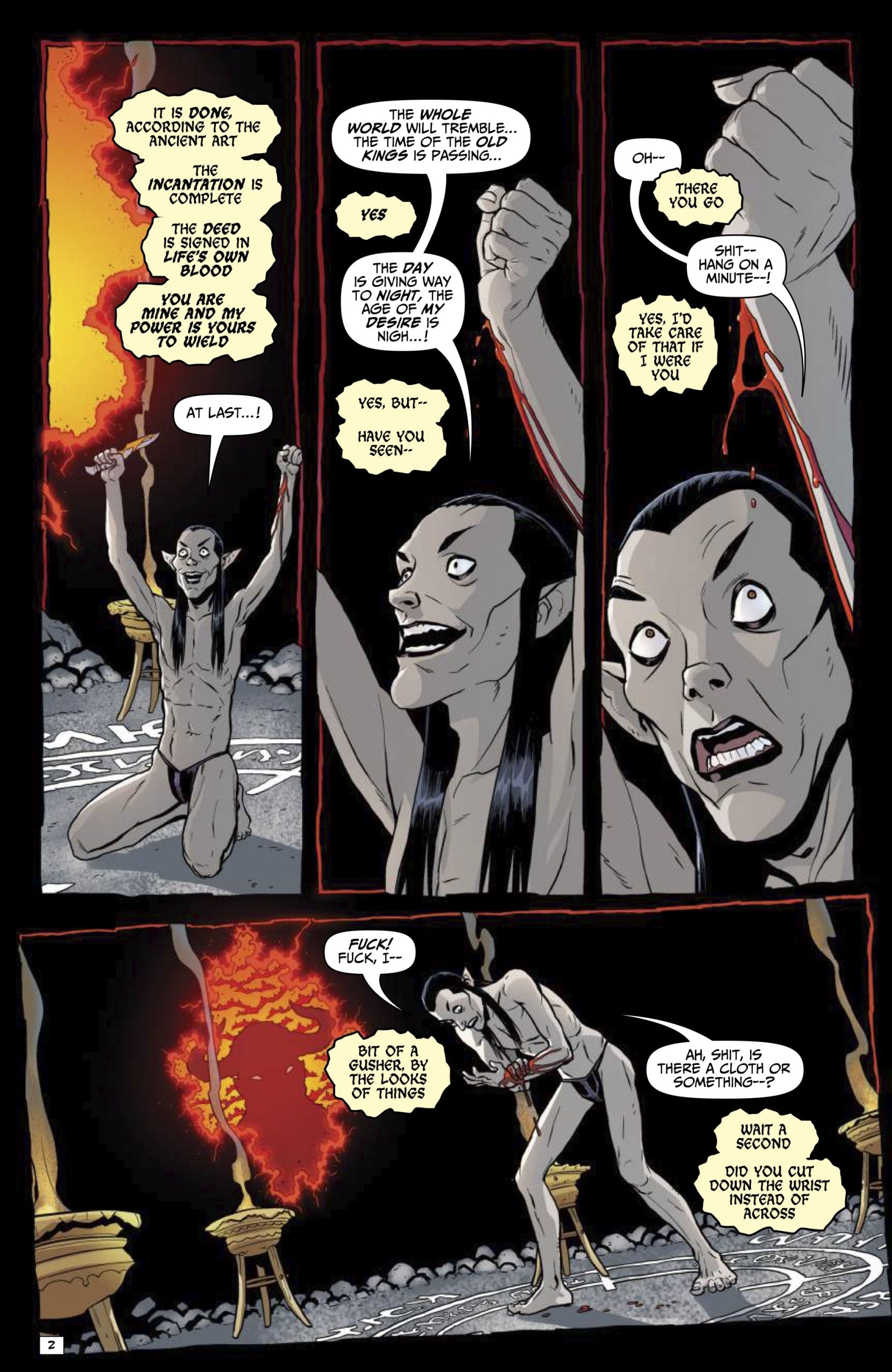 A pale, humanoid figure with pointed ears and fangs emerges from chains in a dark, fiery cave, expressing excitement and confusion while speaking animatedly.