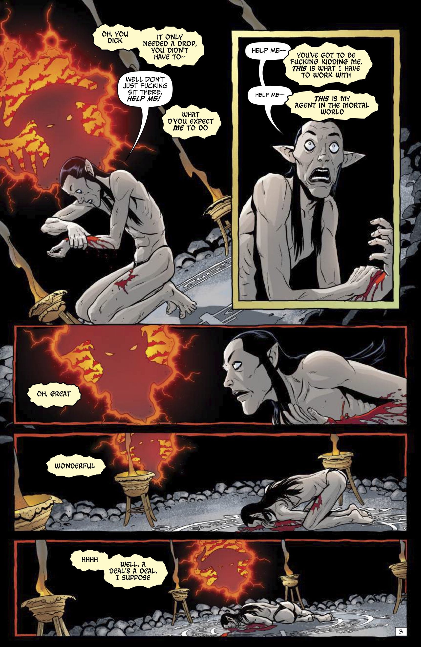 A wounded, pale figure kneels on the ground in a cave with red, glowing cracks; he speaks to someone off-panel and reacts with sarcasm to a plea for help.