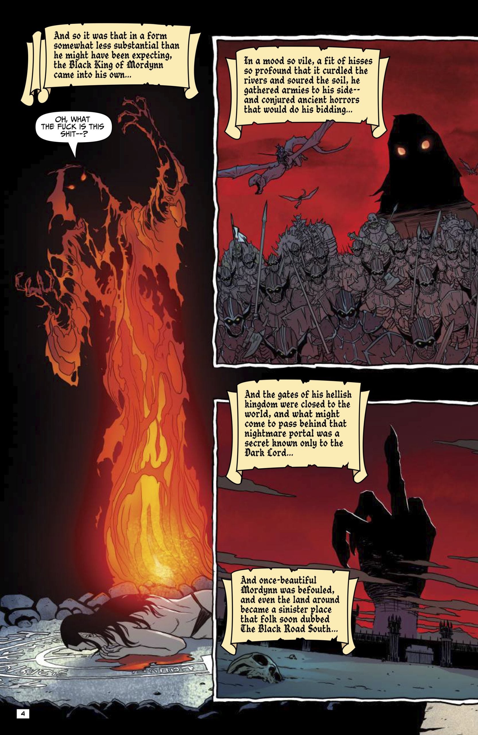 A fiery, demonic figure rises from a burning corpse as armored soldiers and a shadowy castle appear, accompanied by text narrating the rise of a dark king.