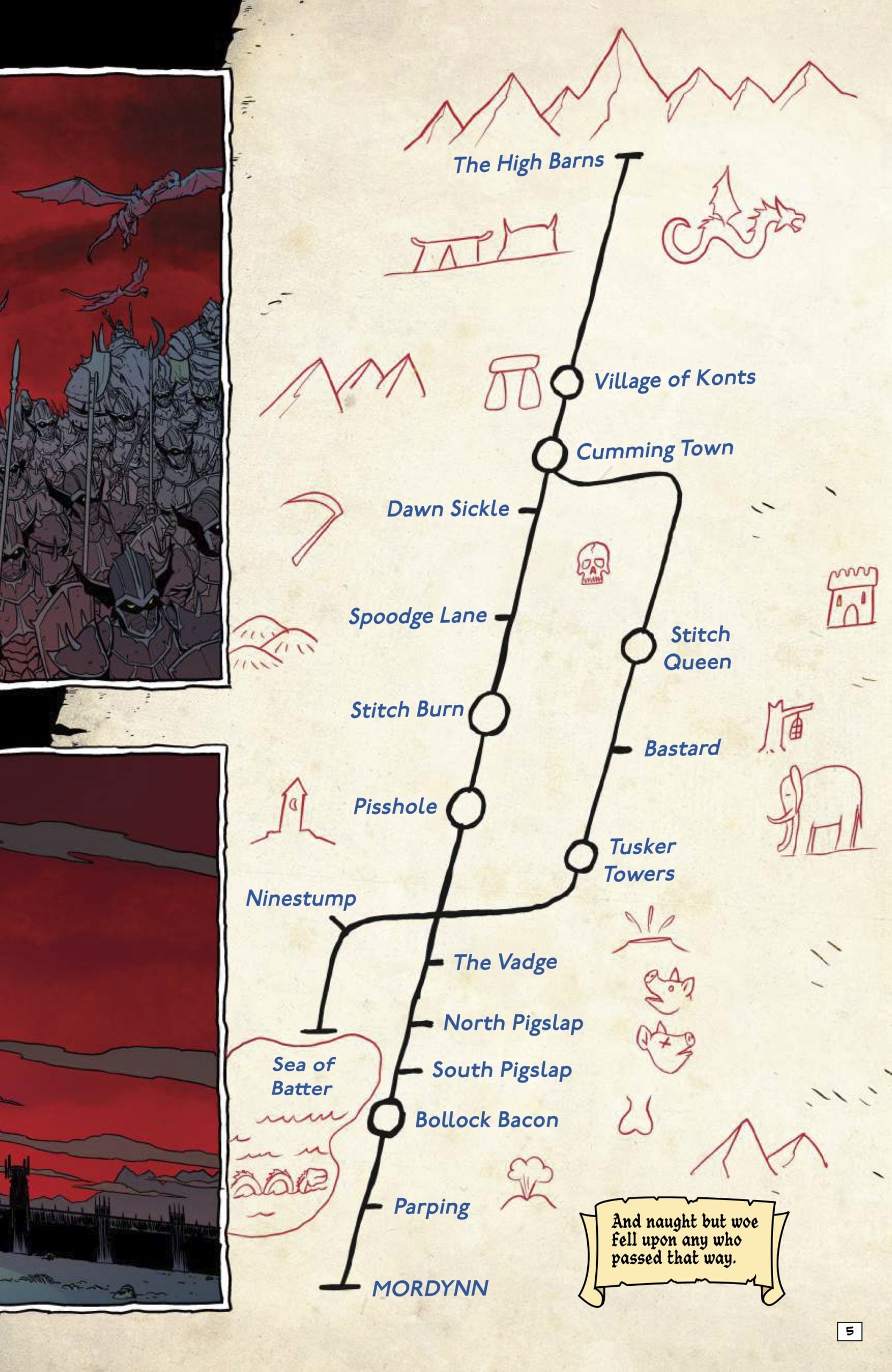 A stylized map shows a train line with stations running from Mordynn to The High Barns, alongside medieval-themed illustrations and a red sky with dragons and castles in the corners.