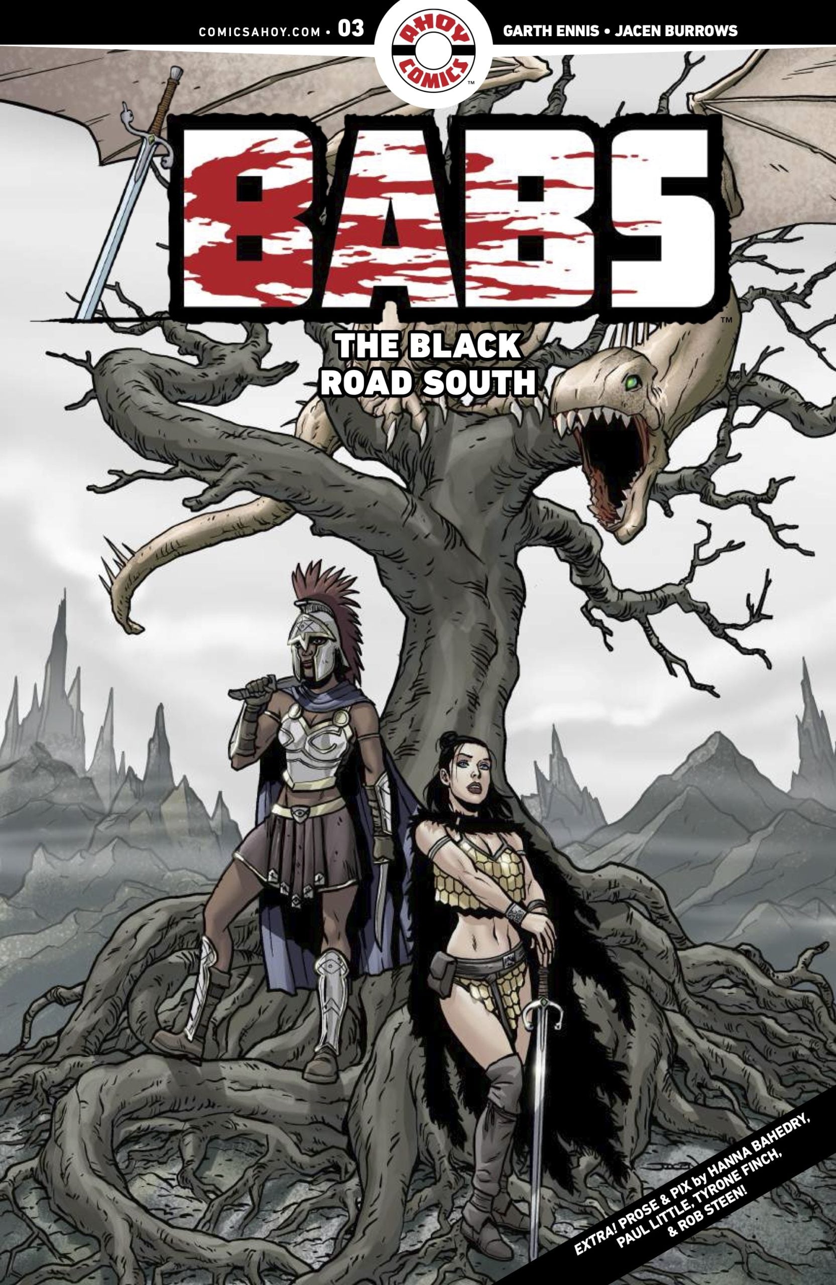 Two armored women stand before a twisted, barren tree with a dragon perched above them in a desolate, mountainous landscape; the comic is titled "Babs: The Black Road South.