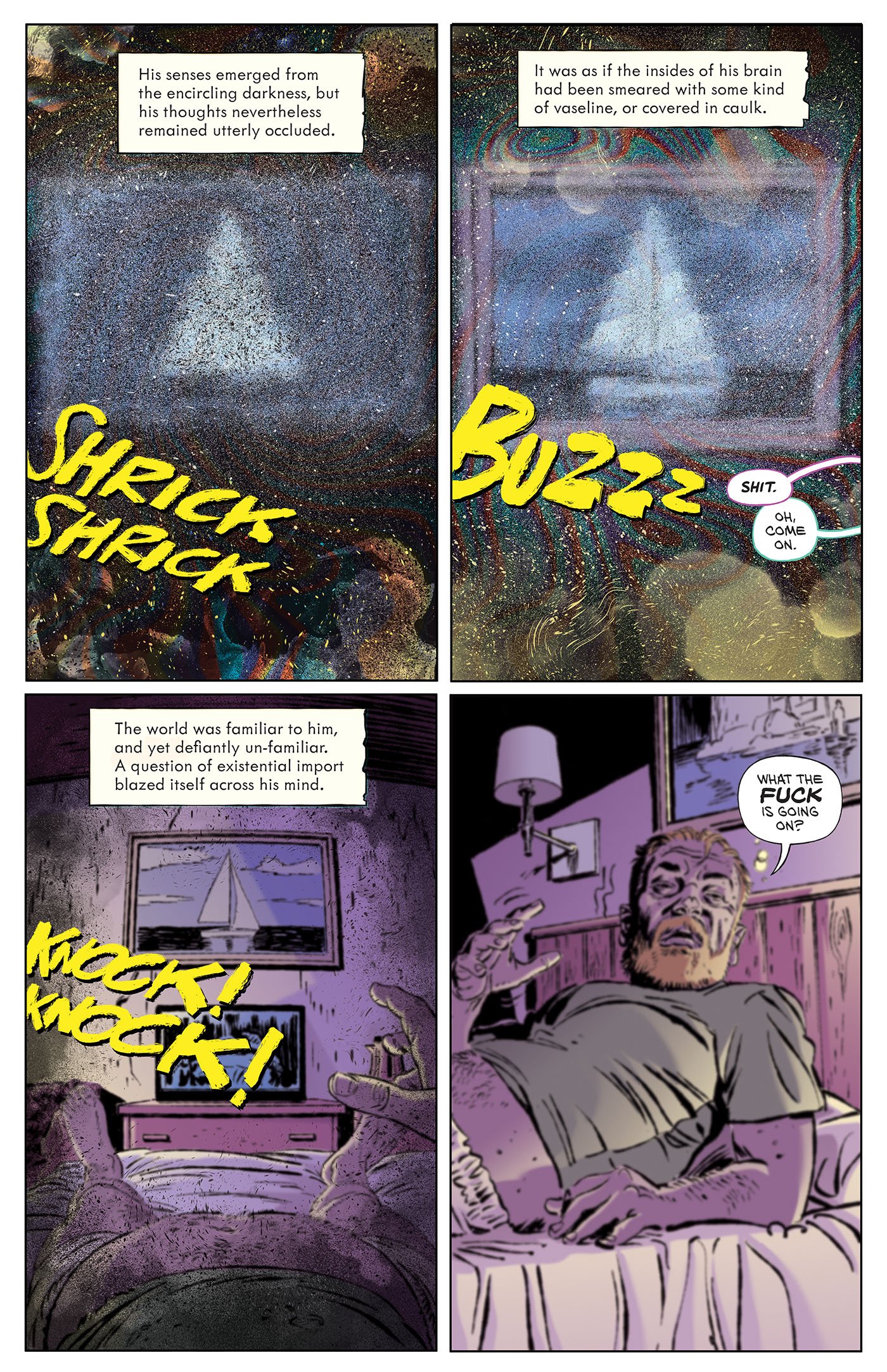 A man wakes up startled in bed at night, rattled by a buzzing sound and loud knocking, with swirling, distorted visions surrounding his thoughts.