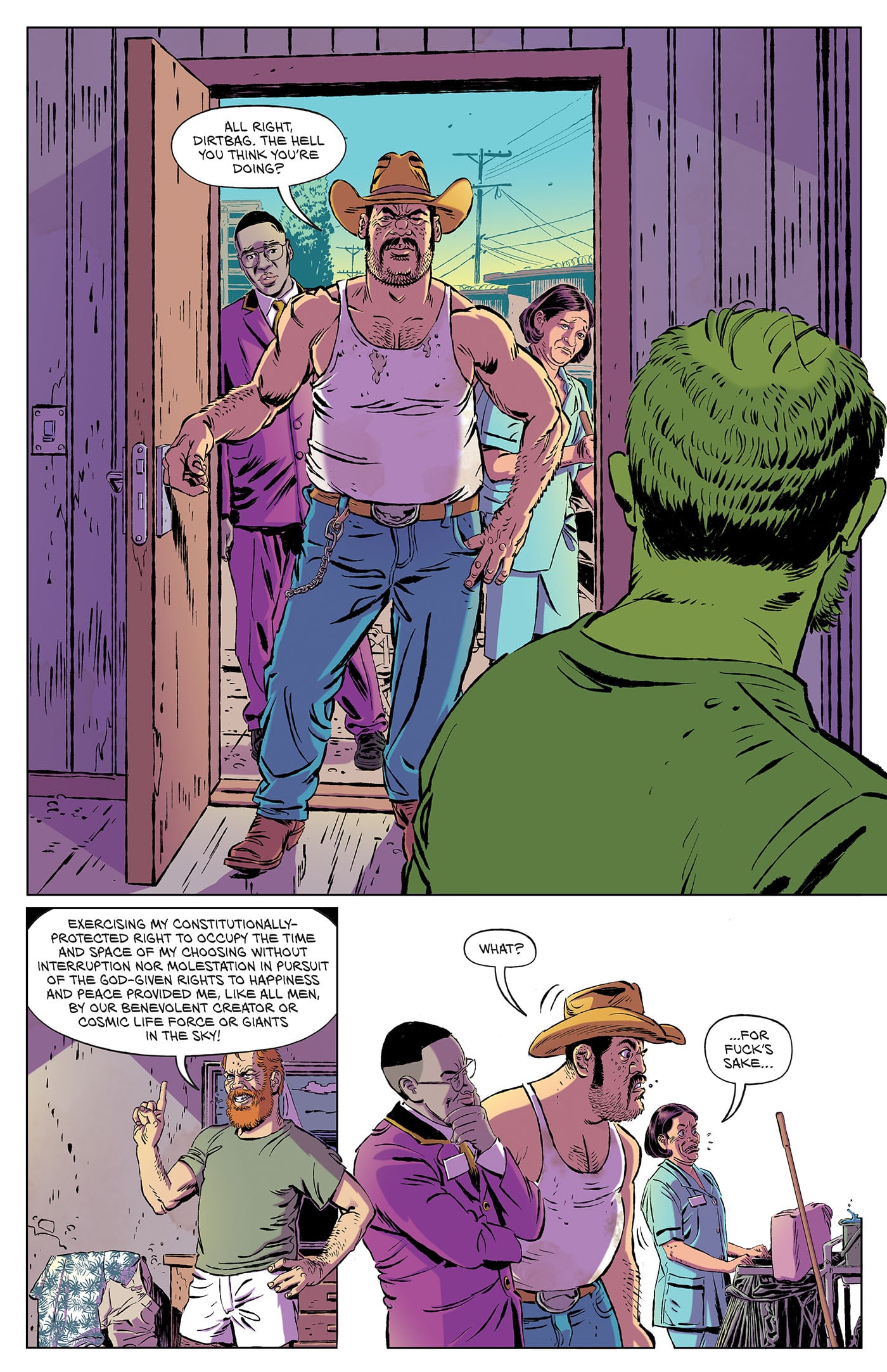 A man in a cowboy hat and tank top bursts into a room, followed by two people. He angrily addresses a green-skinned man who stands by an easel painting.