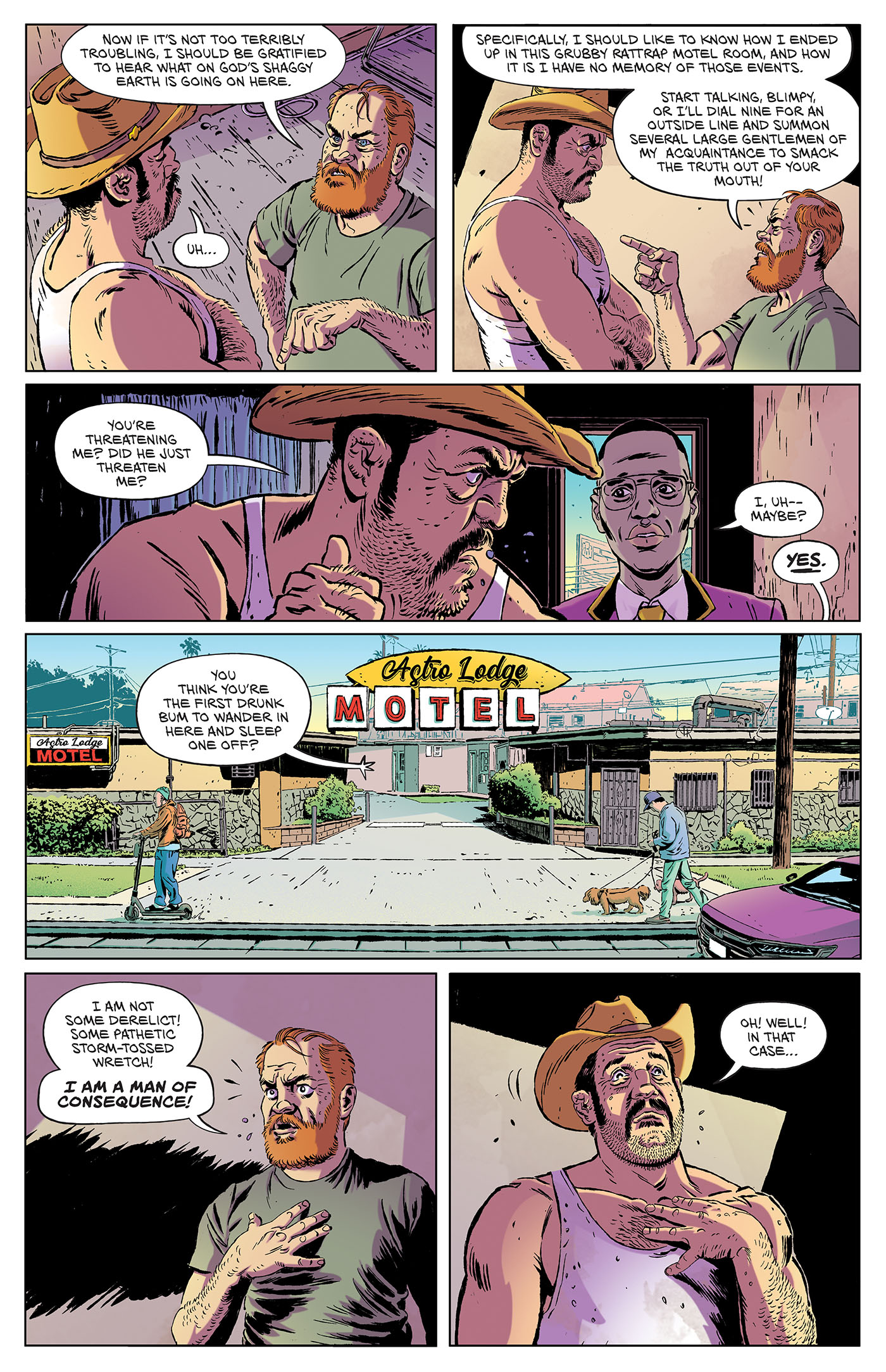 A bearded man confronts another man outside and inside an "Astro Lodge Motel," expressing frustration and demanding respect in a tense conversation.