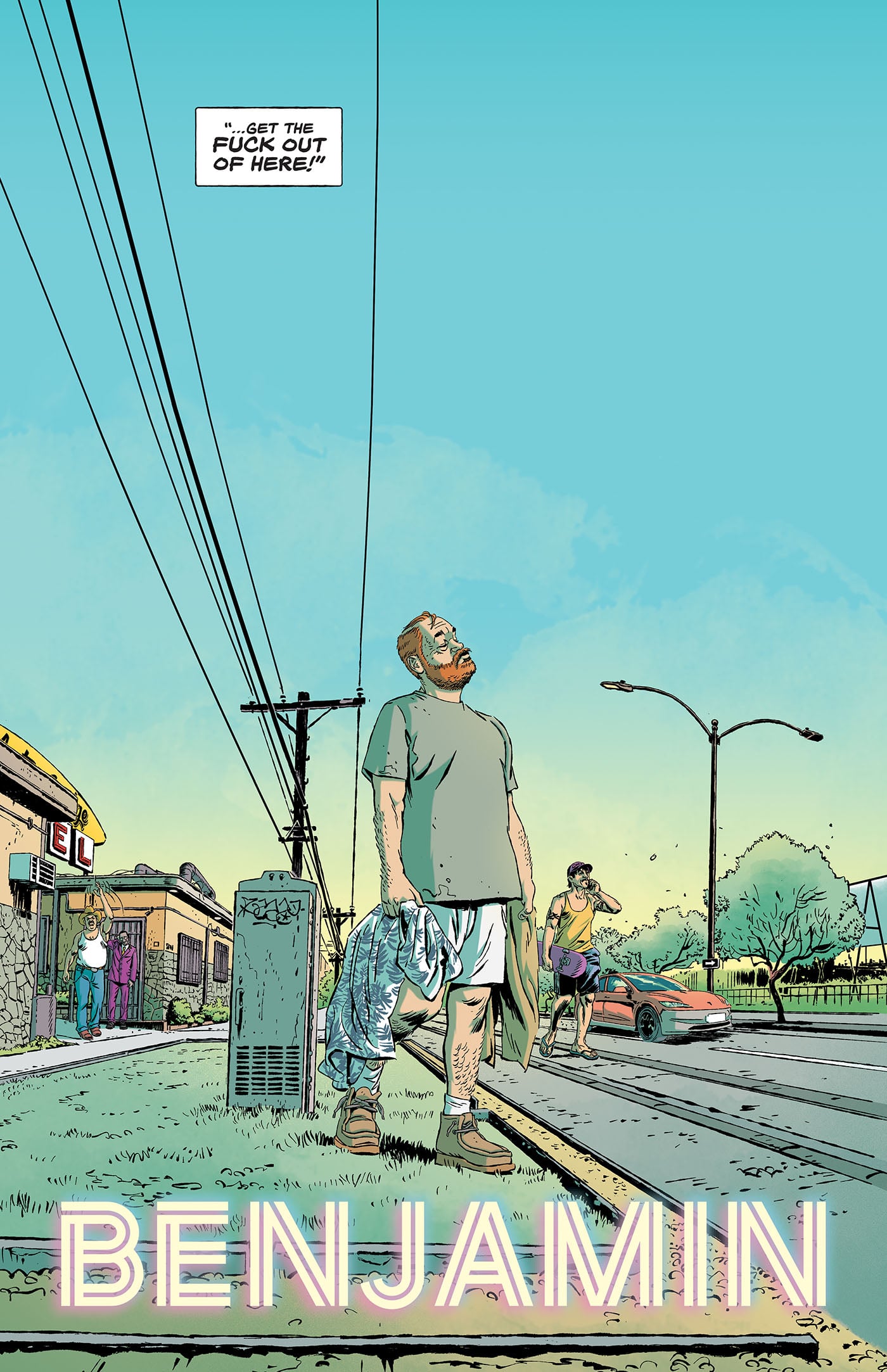 A man stands on a sidewalk with a jacket in hand, looking up. Another person jogs nearby. Bold text reads "BENJAMIN" at the bottom of the image.