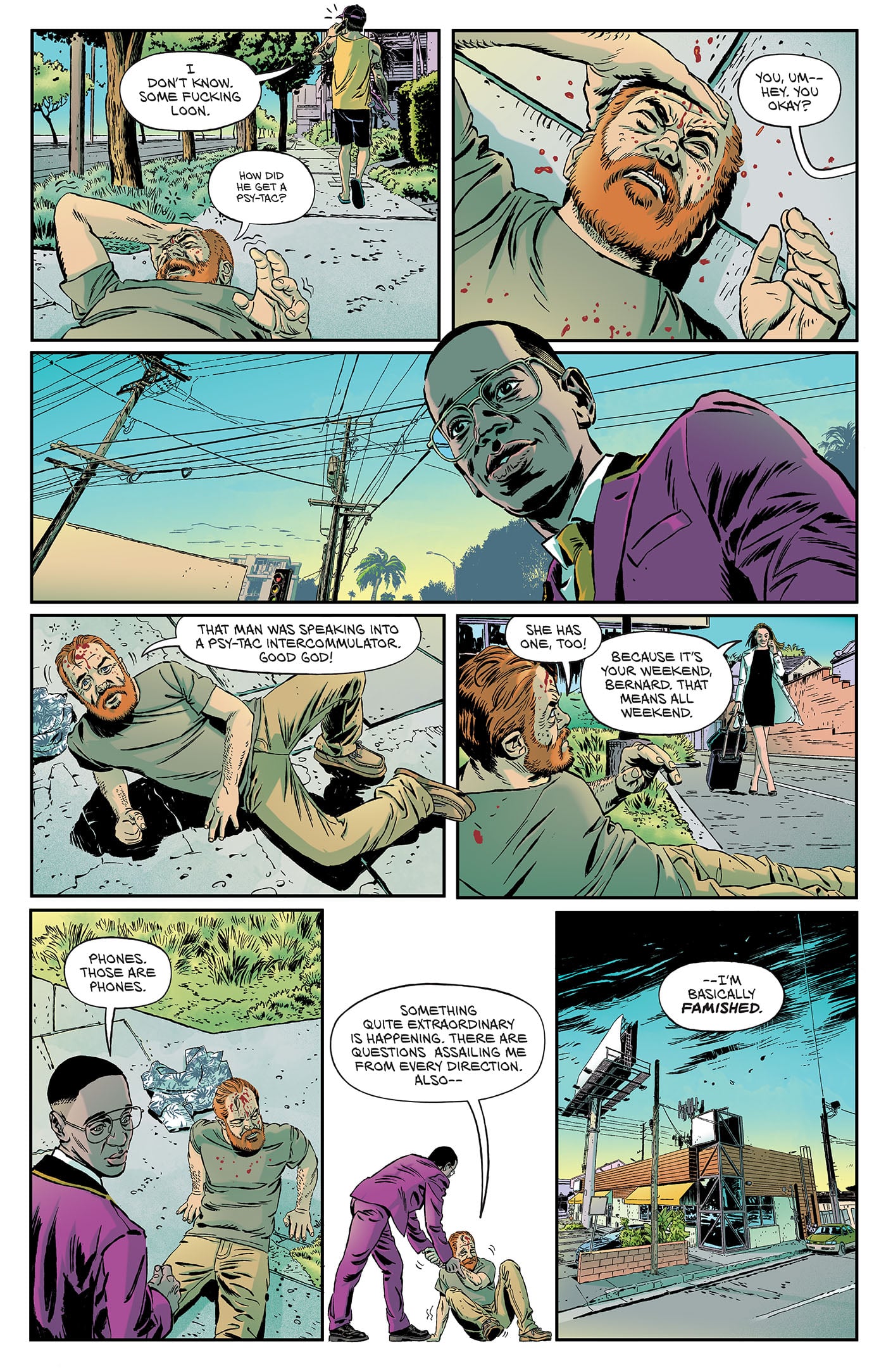 A man with a bloody face lies on the ground speaking as two people in suits stand nearby discussing his condition and evidence, with a cityscape in the background.