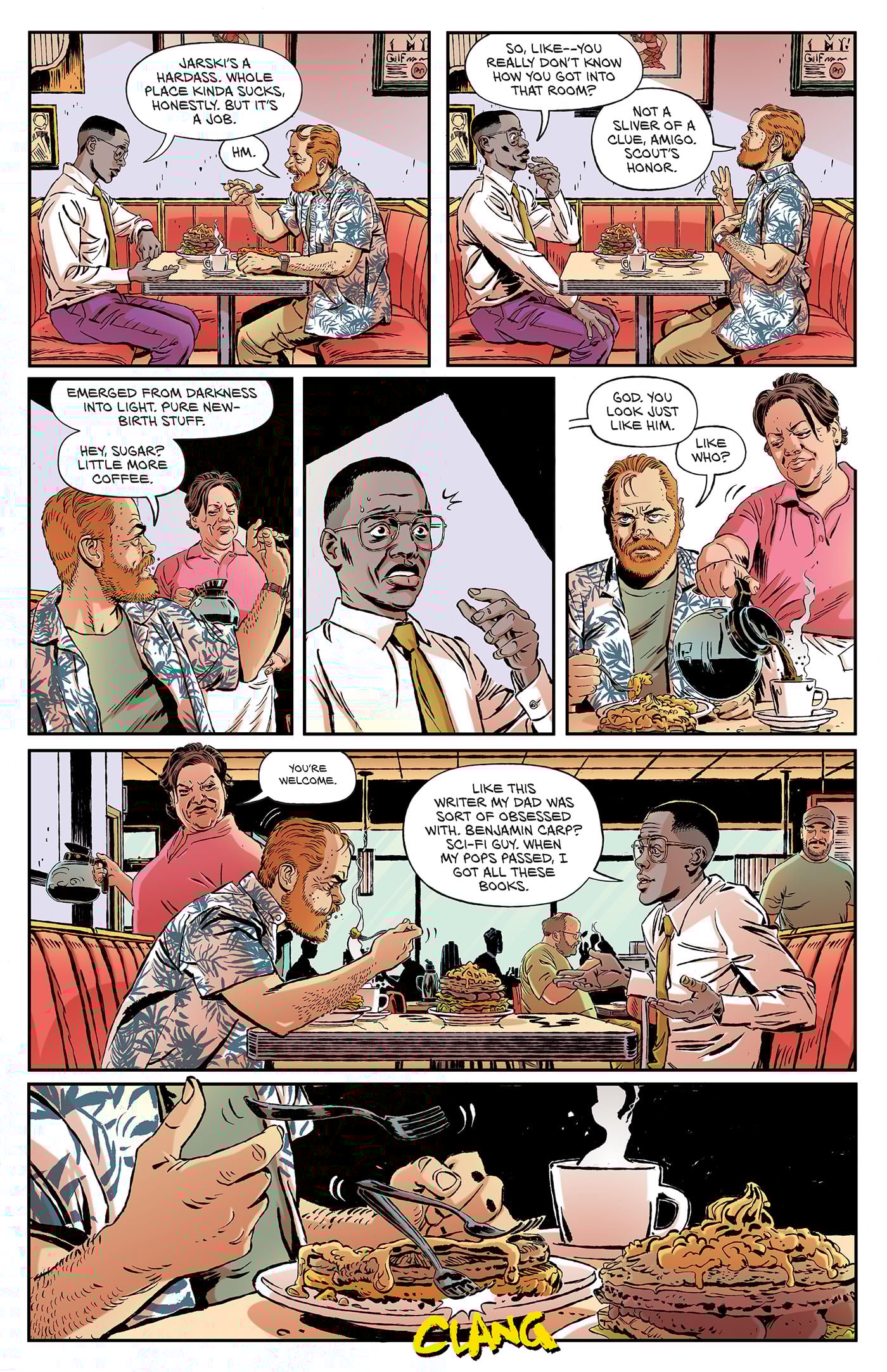 Three men sit in a diner booth, talking over plates of food and coffee. One man pours coffee, another gestures while explaining, and a third listens intently.