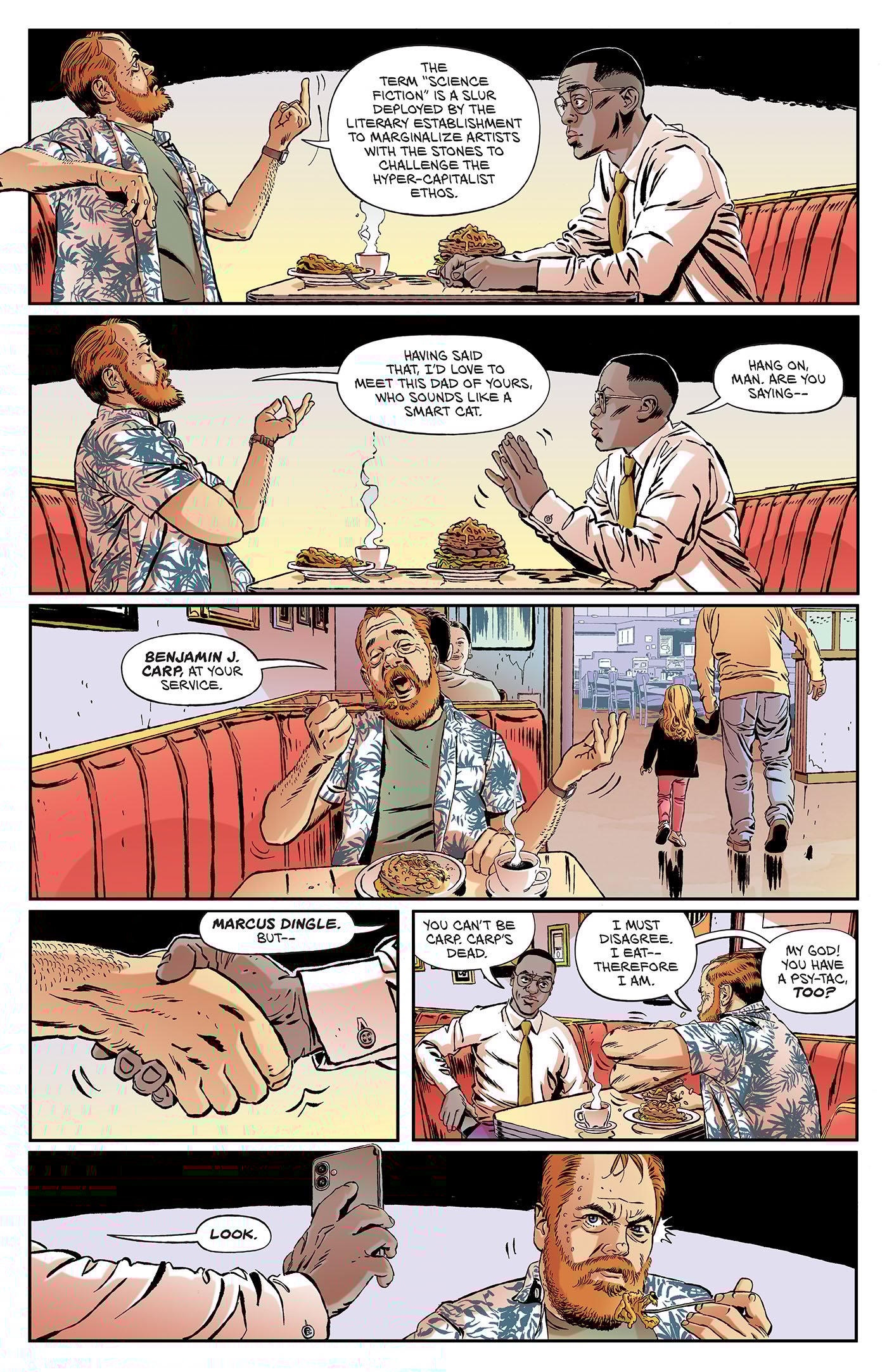 Two men sit in a diner talking; one gestures while the other listens. Later, one man shakes hands with a third person arriving at the booth. A woman and girl leave the diner in the background.