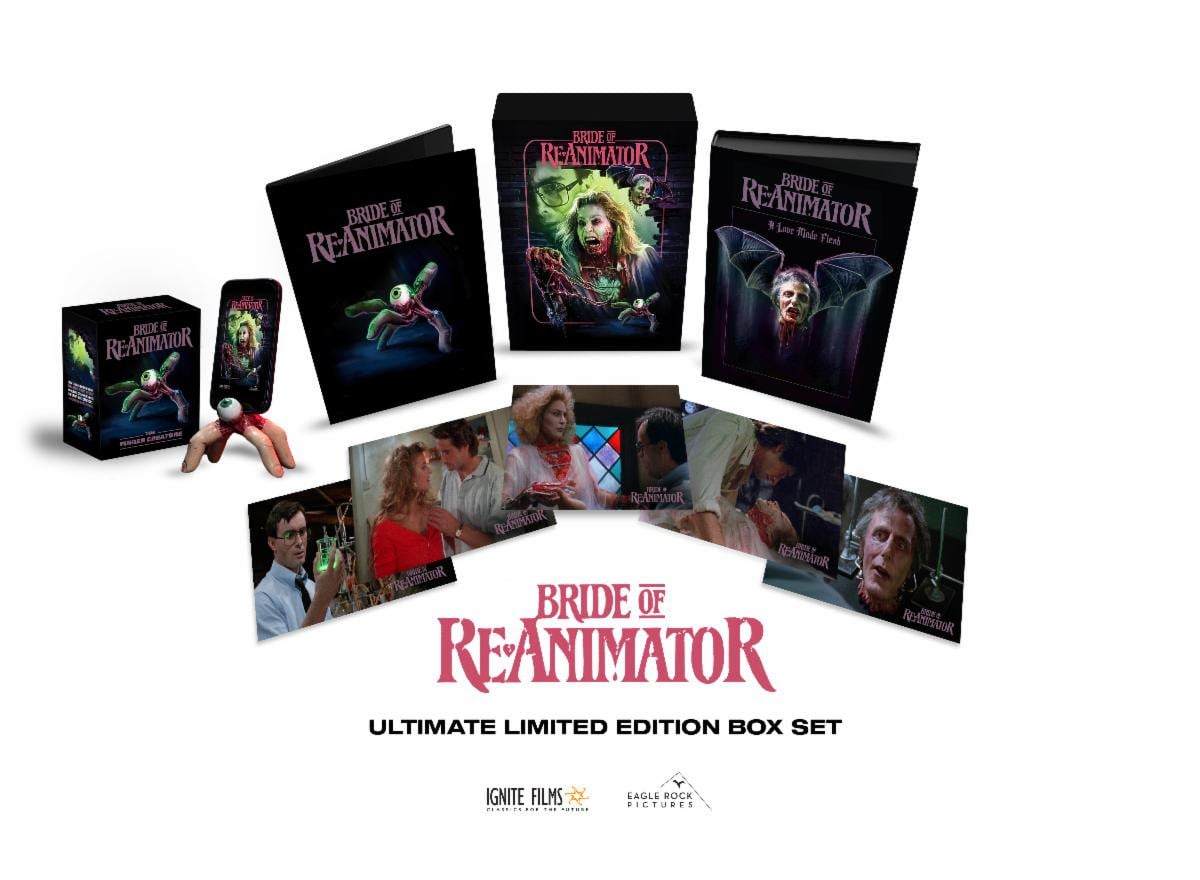 Box set for 'Bride of Re-Animator' includes a Blu-ray, case, booklet, collectible cards, and various themed packaging arranged on a white background.