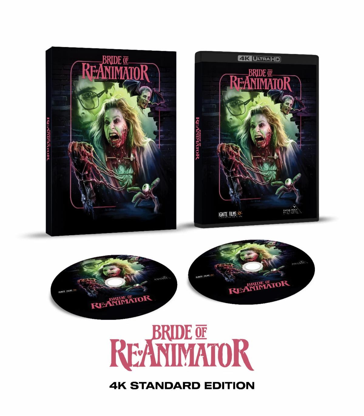 Box set and discs for 'Bride of Re-Animator 4K Standard Edition,' featuring horror-themed cover art with a screaming woman, a skull, and vibrant colors.