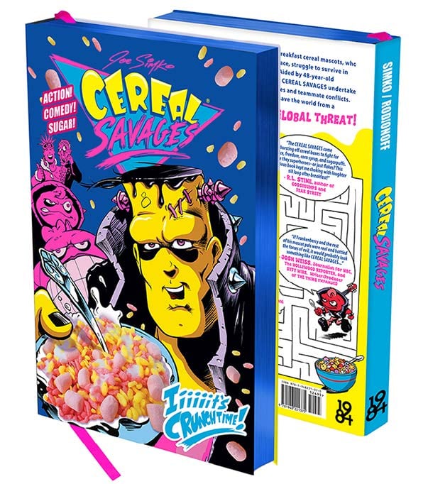 A colorful book titled "Cereal Savages" features a cartoon Frankenstein monster, sugary cereal, and comic-style graphics with text promoting action, comedy, and sugar.