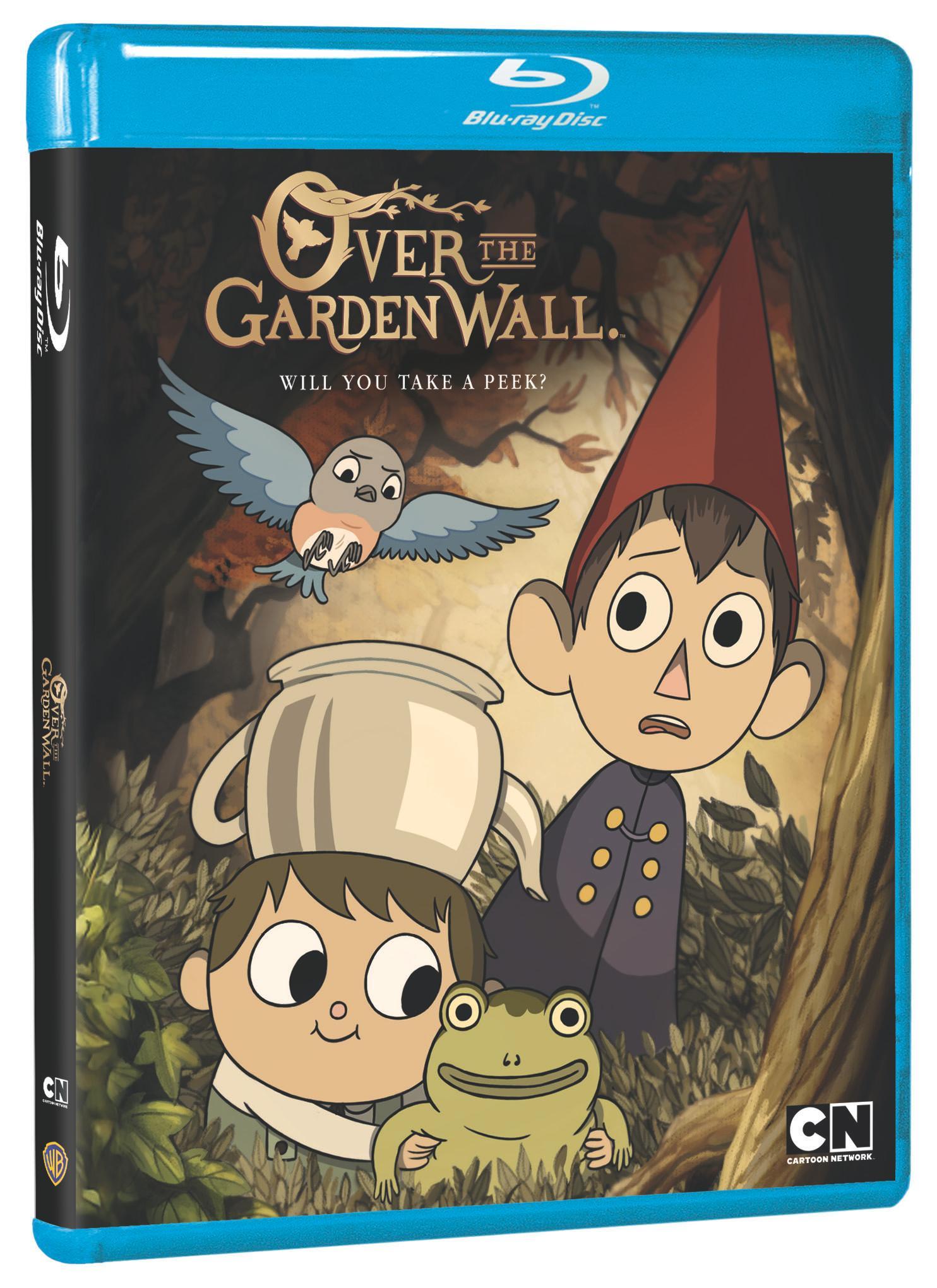 Blu-ray cover of "Over the Garden Wall" featuring animated characters Wirt, Greg with a frog, and a bird in a forest setting. Text reads: "Will you take a peek?.