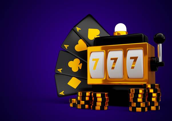 A slot machine displaying three sevens is surrounded by stacks of gold coins and four playing cards, each showing an ace, against a dark purple background.