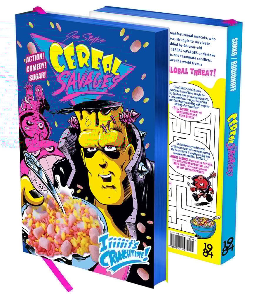 Colorful illustrated book titled "Cereal Savages" with a cartoon Frankenstein eating cereal on the cover; back cover shows a maze and more cartoon graphics.