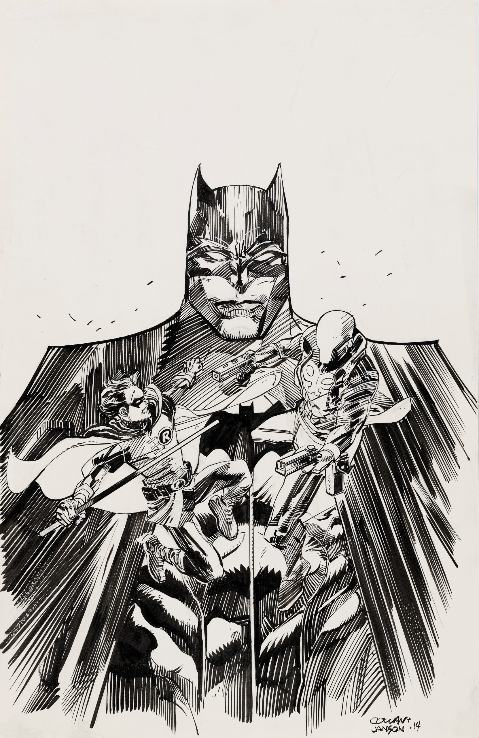 Black and white comic art of Batman with Robin and Deathstroke in action poses, layered over Batman's large, stoic figure in the background.