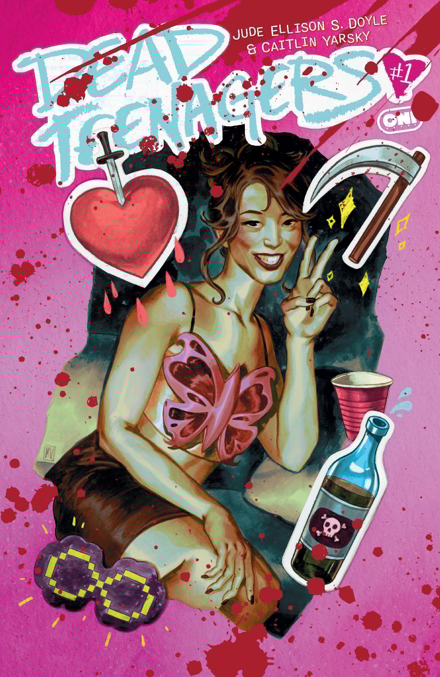 A woman with a butterfly-shaped top sits smiling amid illustrations of a heart, scythe, sunglasses, bottle with a skull, and cassette tape on a pink background with blood splatters.