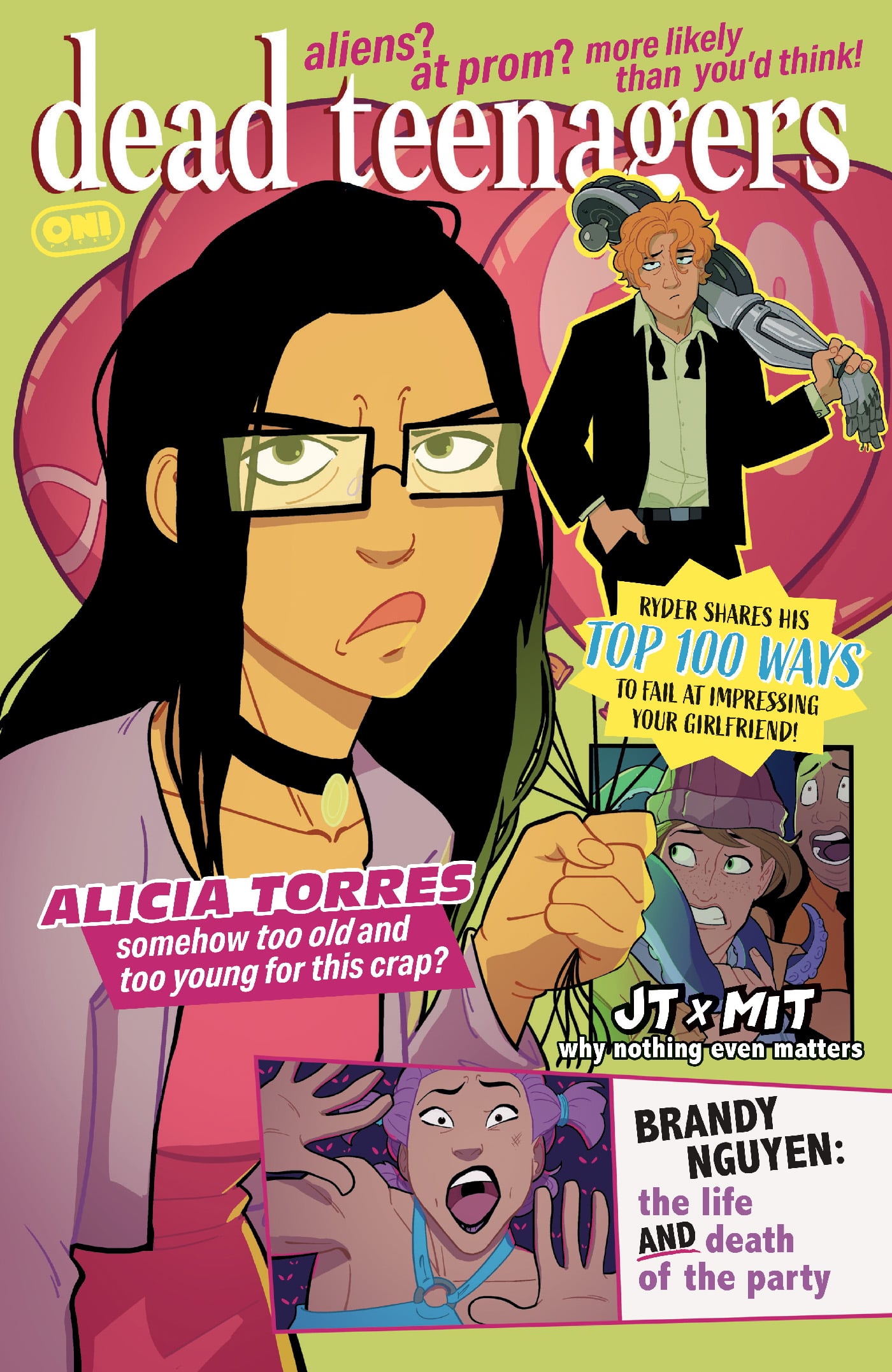A comic book cover titled "Dead Teenagers" features a skeptical girl in glasses, colorful backgrounds, and headlines about relationships and teenage life.