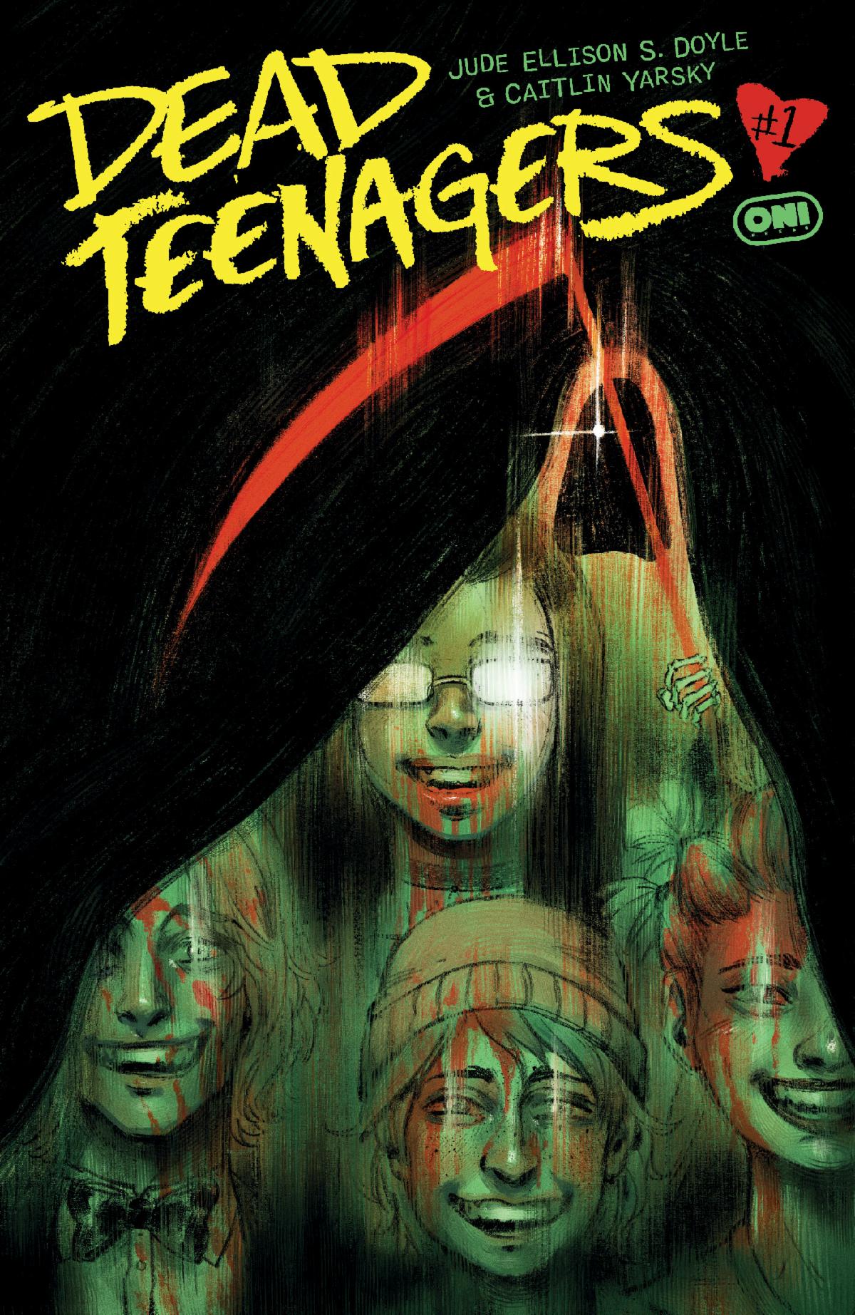 Comic book cover for "Dead Teenagers" shows four ghostly, smiling teens with bloodstains lit under a dark curtain, with the title in large yellow letters above.