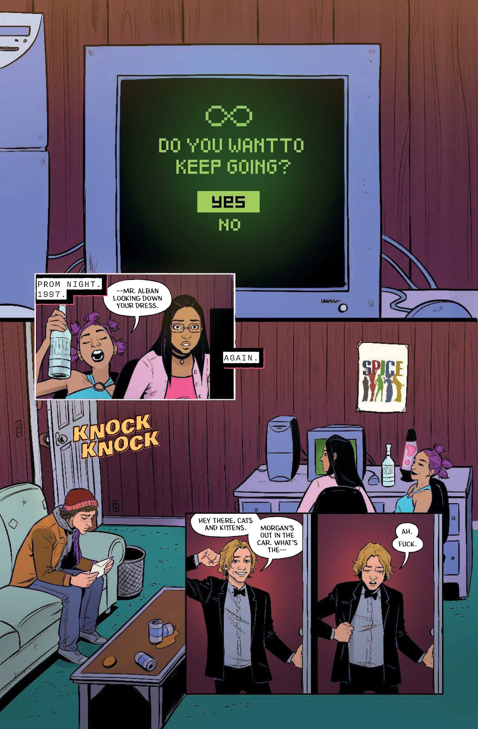 A green screen displays "DO YOU WANT TO KEEP GOING? YES NO." Two women talk on a couch; a man knocks, enters, and greets them while holding drinks. The room is cluttered.