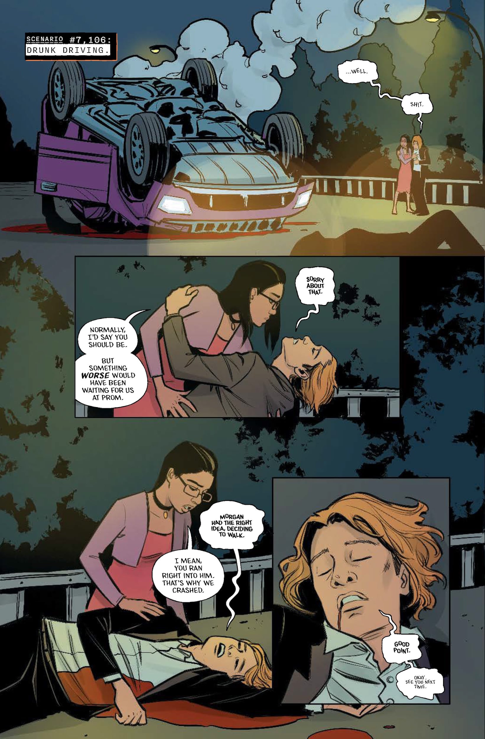 A car is flipped upside down on the road. A woman checks on an injured man lying on the ground, talking to him after the crash.