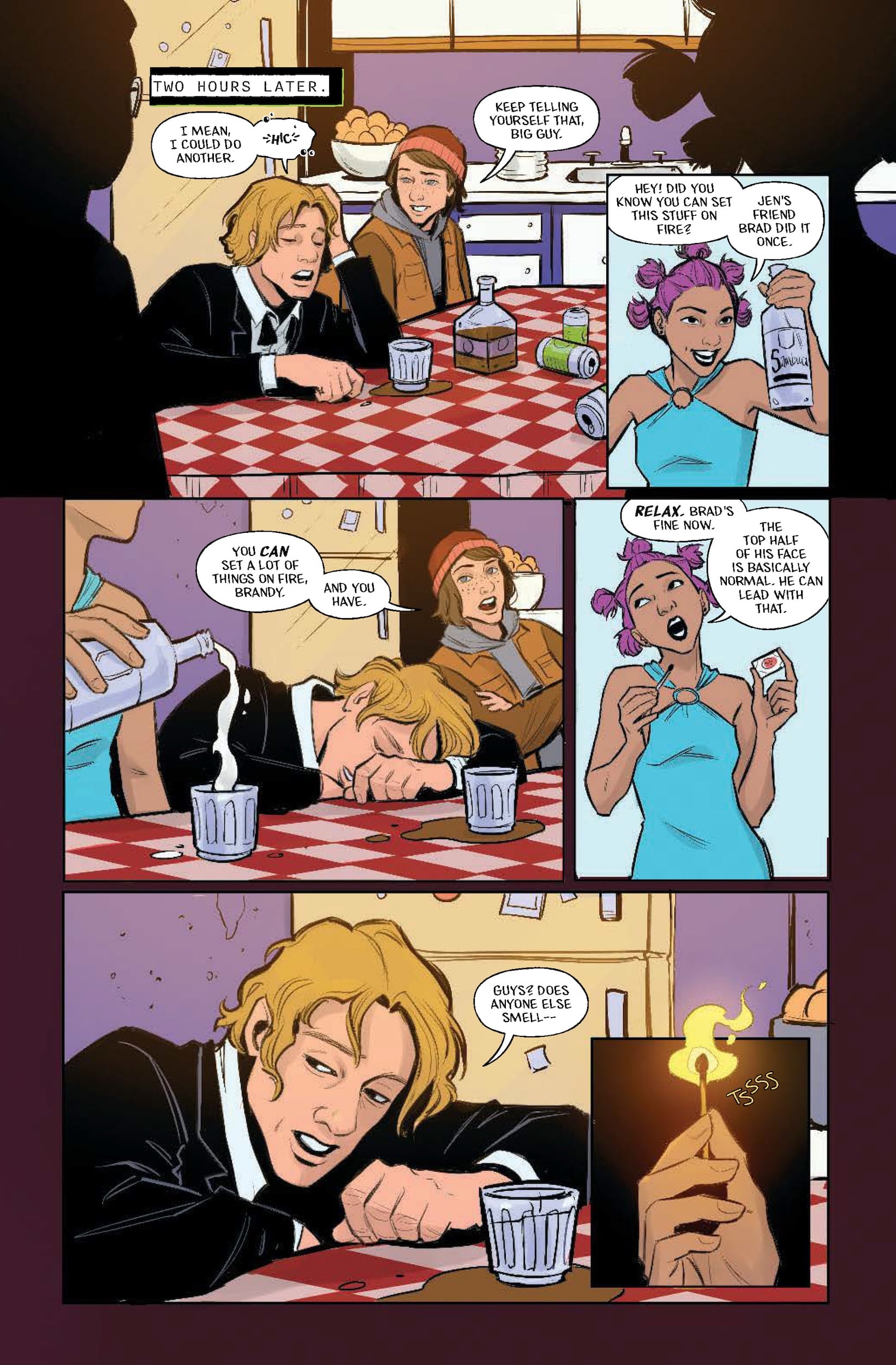 A man with blond hair slumps at a table with drinks, while two women talk nearby; one holds a drink and the other lights a match.