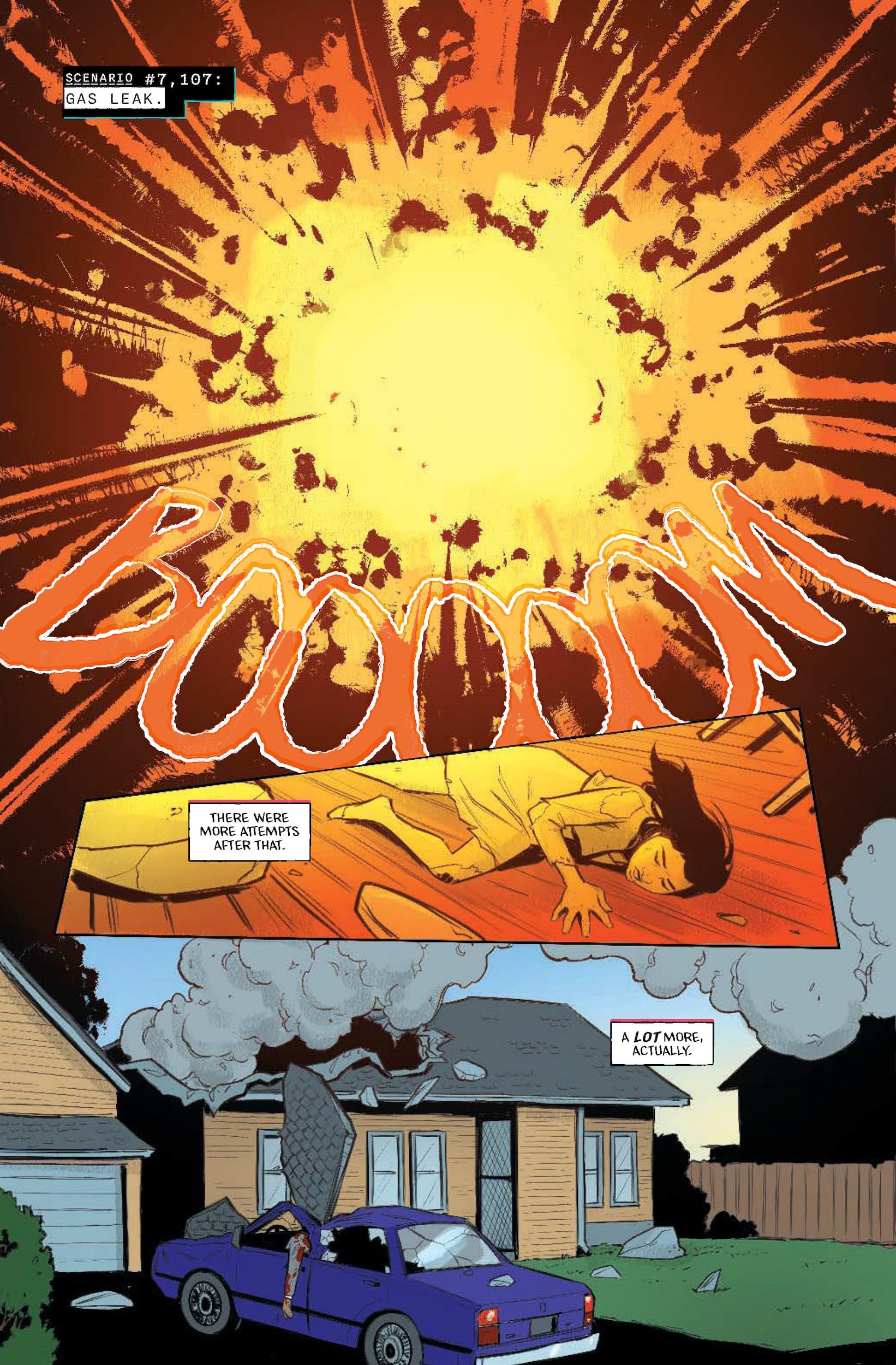 A large explosion with the word "BOOOOM" fills the sky above a house; a woman crawls on the floor inside, and a person escapes a car hit by falling debris outside.